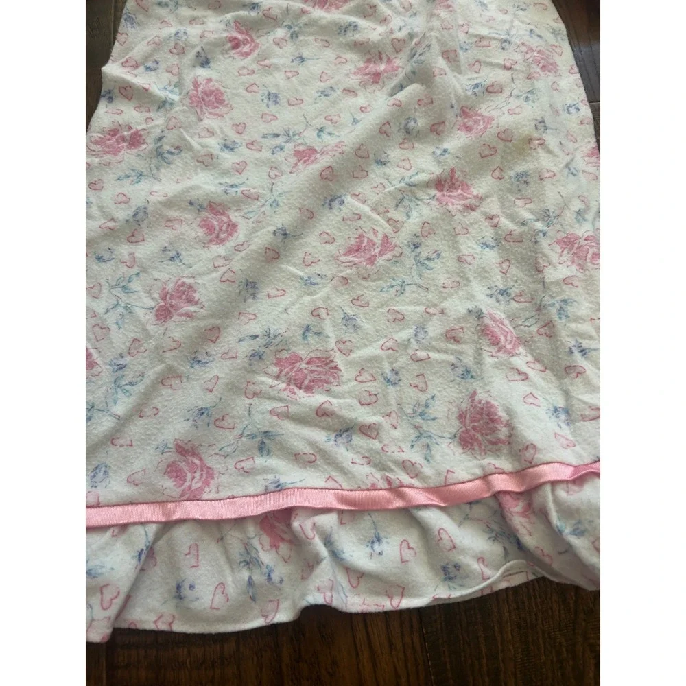 Vtg Cassie Girls Pink Floral Heart Fleece Nightgown Sz 8 Long Sleeve Ruffle Hem